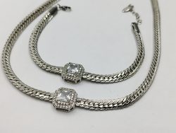 ست دستبند و گردنبند زنانه تك نگين با زنجير ماري نقره اي کد E00182