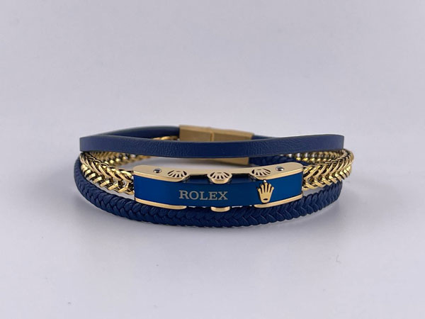 دستبند سه لاین چرم آبی و استیل طلایی رولکس