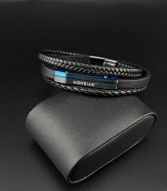 دستبند چرم مون بلان با طراحی بافت و جزئیات فلزی آبی