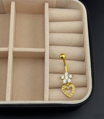 پیرسینگ ناف آویزدار طرح گل و قلب طلایی