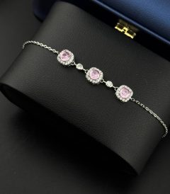 دستبند نقره‌ای زنانه نگین صورتی قابل سایزبندی